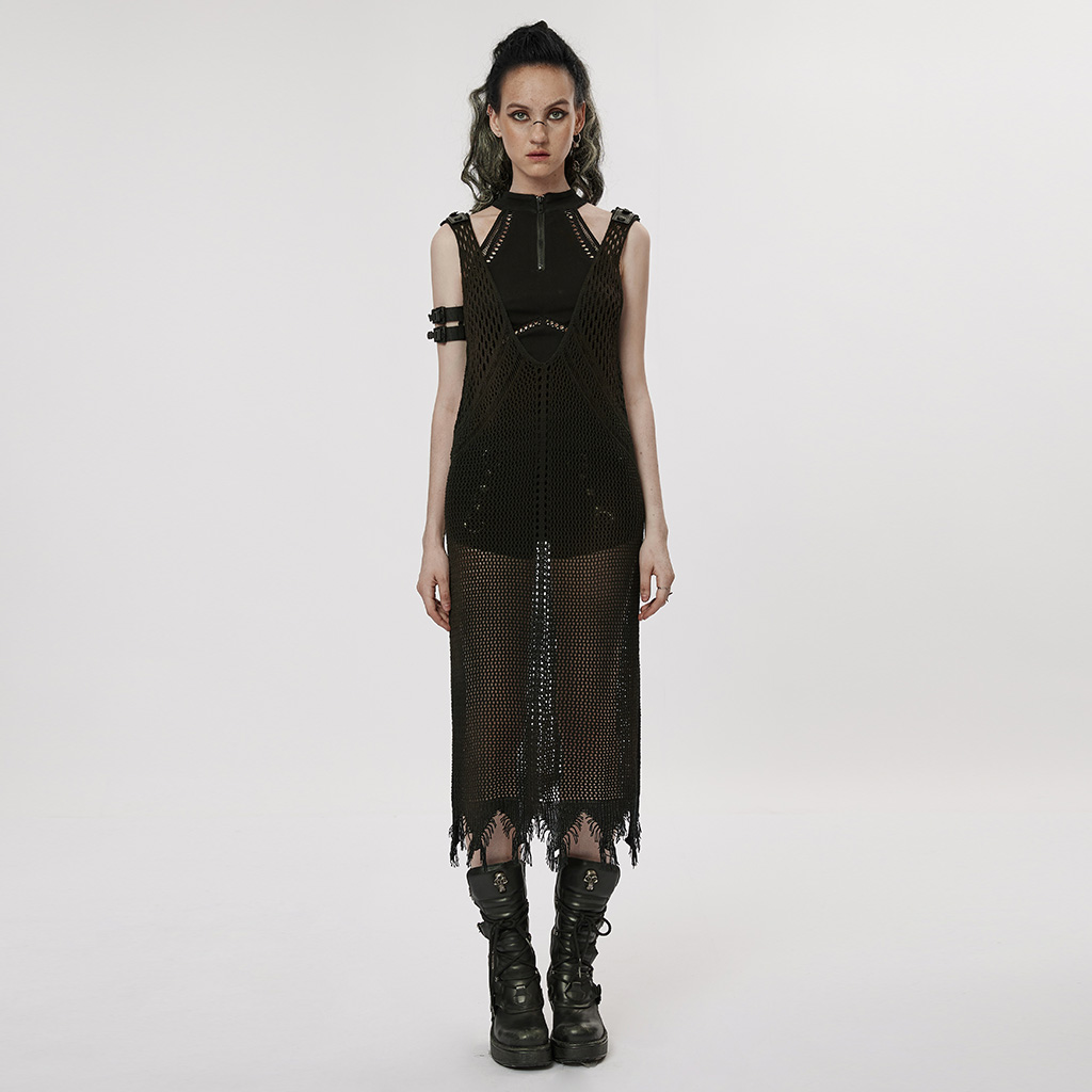 Punk Rave WQ-631LQF 2023 women sexy large V-neck the post-apocalyptic techwear style knitted hollow out one-piece vest dress