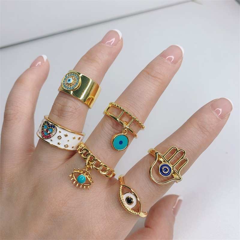 Popular Fashion Black and White Oil Dripping Gold-Plated Micro-Inlaid Zircon Love Demon Eye Ring