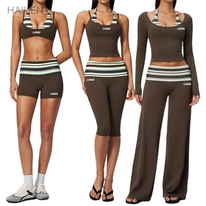 Ropa Deportiva con Rayas y Puntos, Sujetador Deportivo, Ropa para Gimnasio, Fitness, Yoga, Top de Manga Larga, Pantalones de Pierna Ancha y Recta con Cintura Plegable - Product Image 1
