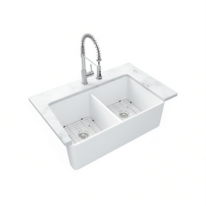 Fregadero de cocina de cerámica blanca de doble cuenco estilo rústico con delantal protector, 32 pulgadas, diseño rectangular fácil de limpiar - Product Image 1