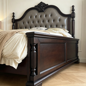 Traditional Queen Size Upholstered Wood Bed with Storage <b>Box</b> Spring Frame Mahogany Finish Soft Fabric Headboard - Product Image 2