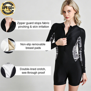 Women <b>Surfing</b> Diving Long Sleeve Front Zipper Boyleg UPF 50+ <b>Printed</b> Side Slim Fit Quick Dry Sun Protection One Piece Swimsuit - Product Image 2