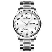 Jam Tangan Quartz FNGEEN 7811 Dropship Silver Boys, Tali Baja Anti Karat, Tahan Air, Kalender, untuk Lansia, Bisnis, Reloj