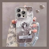 Coque de téléphone magnétique en TPU avec motif dessin animé et finition mate pour iPhone 14 Pro, motif fleur rose argentée avec support et chaîne pour objectif