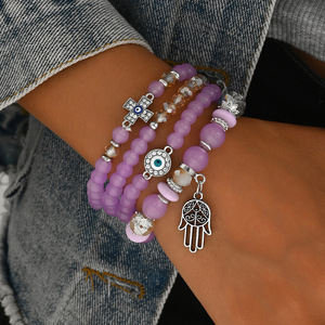 European Style Women's Purple <b>Beaded</b> Bracelet <b>Set</b> With Cross Evil Eye And Hamsa Hand Charm Jewelry For Fashion Wear - Product Image 2