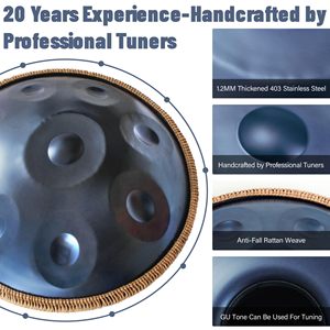 AOOLOO Tambor de Mano Hecho a Mano de 22 Pulgadas y 9 Notas, de Acero Inoxidable Duradero, de Una Sola Capa, 440/432 Hz, para Principiantes, Meditación, Música, Azul - Product Image 2