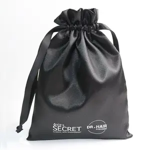 Wholesale Black Hair Bags Customized Logo Printed Drawstring Bag Satin Bag for Jewelry