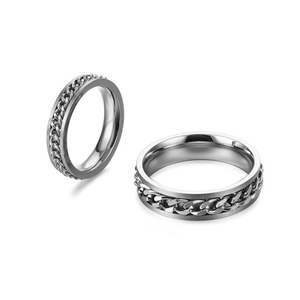 Factory Bulk Sale Punk Style Stainless Steel Biker <b>Silver</b> Men's <b>Ring</b>, Flat Cuban Link Chain <b>Spinner</b> <b>Ring</b> - Product Image 5