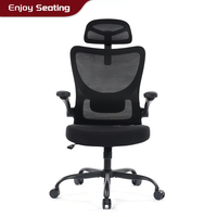 Chaise de bureau en maille noire à dossier haut avec appui-tête réglable, accoudoirs rabattables, vérin à gaz classe 3, pivotante, pour bureau à domicile