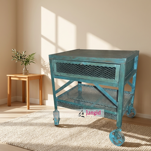Table d'appoint mobile industrielle vintage en fer rustique sur roulettes avec plateau de service et 1 tiroir pour hôtel, salon ou mobilier de maison - Product Image 4