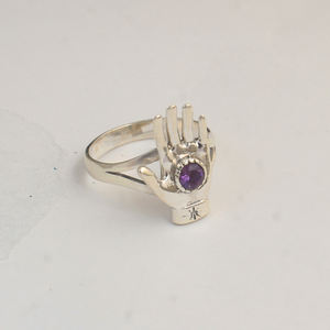 Wholesale 925 Sterling Silver Hamsa Hand <b>Ring</b> Hot Selling Purple <b>Amethyst</b> Diamond Round-Cut Stone Jewelry for Women for Weddings - Product Image 2