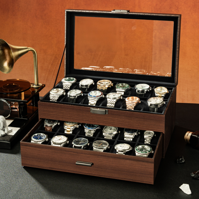 New 24 12 Slots Walnut Surface Blue Velvet Watch Jewelry Glasses Box With Drawer