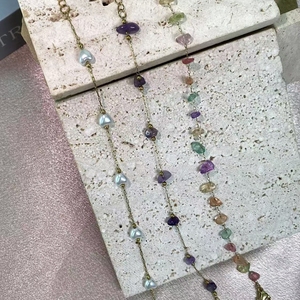 Catena di Perle con Cristalli Naturali di Tormalina, Granato e Fragola, Pietra Frantumata, Placcata in Oro 14K, per Gioielli Fai-da-Te - Product Image 1