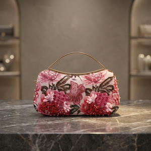High Quality Half Moon Pearl Printed Embroidered Beaded Evening Clutch Purse Ladies Designer <b>Handbag</b> with Tassel and Ring Strap - Product Image 3