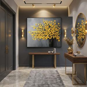 Peinture à l'huile texturée faite à la main, style nature morte, motif arbre doré minimaliste, arts décoratifs pour la décoration intérieure et l'art mural des hôtels - Product Image 5
