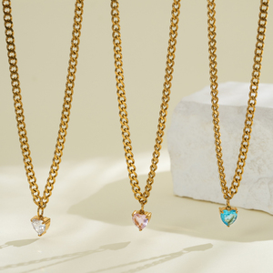 Collar de Acero Chapado en Oro con Colgante de Corazón Solitario y Piedra de Corazón Facetada Blanca Transparente, Cadena de Eslabones, Ajustable, Joyería de Regalo para Mujer - Product Image 2