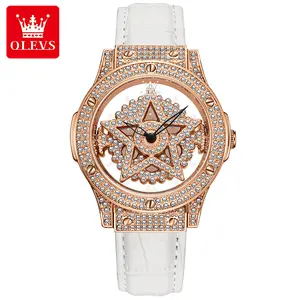 OLEVS 9938 2024女式手表表盘时尚闪光钻石雪花手表女士皮革表带