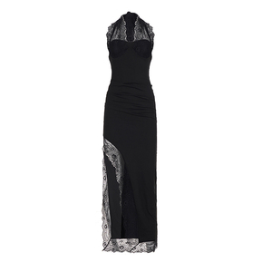 Robe élégante à col halter pour femme, dentelle patchwork, taille haute, fente latérale, robe de soirée sexy pour cocktail - Product Image 6