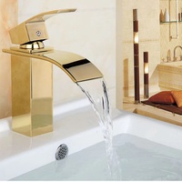 Robinet de lavabo cascade moderne en acier inoxydable, finition chrome doré, à poser sur le comptoir, pour salle de bain et salon, avec cartouche céramique