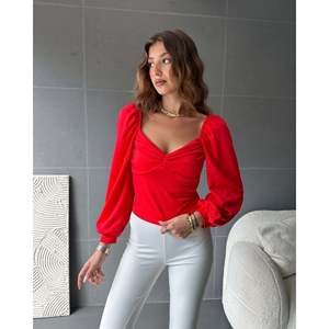 DEFILE Women's <b>Red</b> Square Neck Ruched Detail <b>Blouse</b>, Stylish Polyester Lycra Blend Top for Casual Wear, Available in S-XL Sizes - Product Image 1
