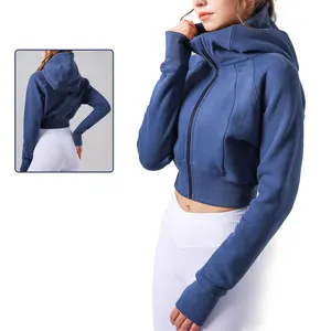 Custom Yoga Winter Fitness Thumb Holes Cropped Hoodie Full Zip Fleece Workout Crop Gym Women Sports Jacket with Pockets