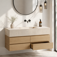 Meuble-lavabo mural Tostone de luxe en pierre calcaire beige, avec plateau cannelé, unité complète, style minimaliste, en marbre flottant et armoire en bois