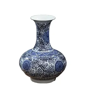 RZFQ22 Jingdezhen-jarrón de cerámica oriental para decoración del hogar, diseño clásico y moderno de flores de cuello largo, azul y blanco