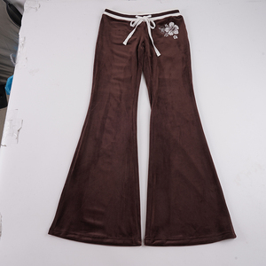 Retro Casual Breathable <b>Ladies</b> <b>Velvet</b> Straight Pants White Floral Embroidery Contrast Trim Drawstring Low Rise Flare <b>Trousers</b> - Product Image 6