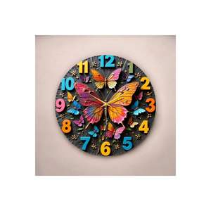 Colorful Butterfly Animal Print Round <b>Wooden</b> Silent Classical TR Origin <b>Wall</b> <b>Clock</b> Numbered Gift Unique Patterned Design 45x45cm - Product Image 1