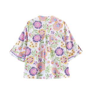PB&ZA Donna 2026 Estate Nuova Moda Chic Camicette in <span class=keywords><strong>Lino</strong></span> Stampate Floreali Casual a Maniche Corte Dolci Camicie Femminili Chic Top - Product Image 2