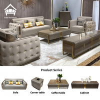 Ensemble de canapés sectionnels modernes de luxe en cuir véritable capitonné avec accents dorés pour villa, hôtel, appartement, salon - Meubles tout-en-un