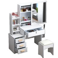 Schminktisch-Set mit Hocker, Holz-Schminktisch mit Rundspiegel und Gepolsterter Hocker-Garnitur