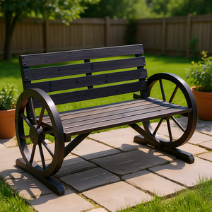 <b>Rustic</b> 2 Person Outdoor Patio Wagon Wheel Bench Carbonized Wood With Comfortable Backrest - Product Image 2