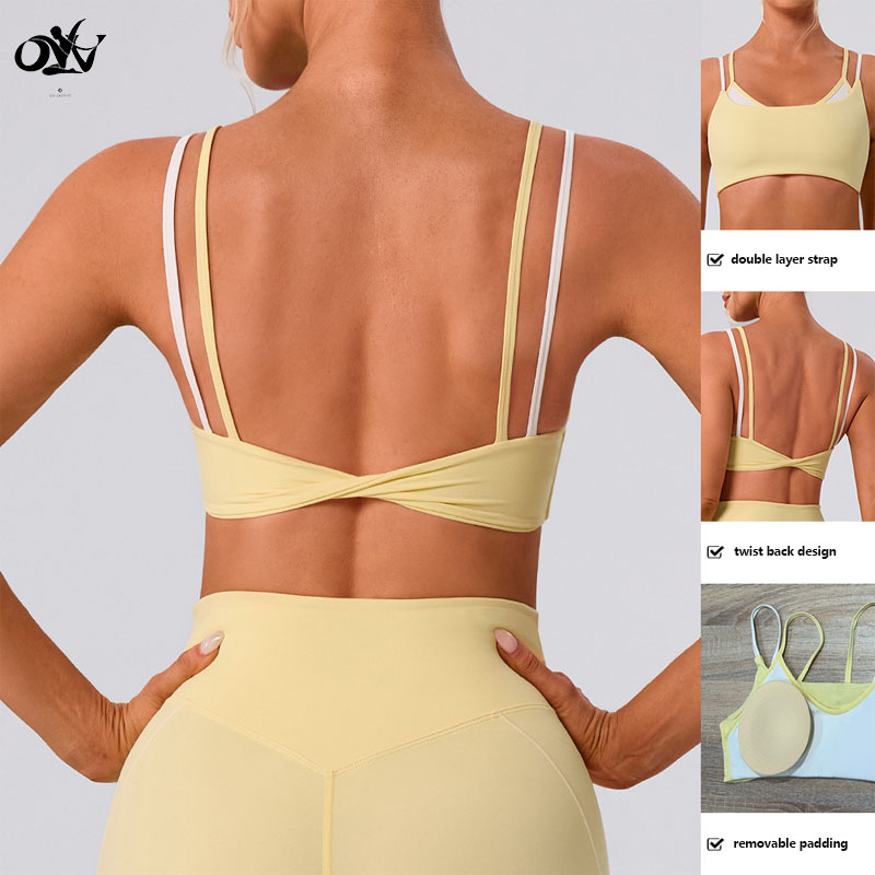 Wholesale Contrast Color Double Layer Women Sports Bra Yoga Fitness Top Sexy Fashionable New Design Ladies Sports Top Twist Back