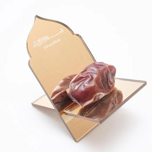 حامل تمر أكريليك لرمضان - مرآة ذهبية، هدايا إسلامية - بسم الله لتقديم الإفطار - زينة إسلامية بسيطة للطاولة لرمضان والعيد - Product Image 1