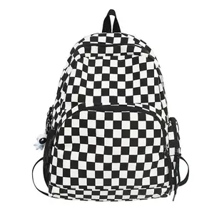 Mini mochila con estampado blanco y negro, informal, a cuadros, para libro