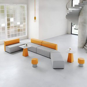 Panca Modulare Segmentata Imbottita con Schienale Arancione e Tavolino Rotondo, Sgabello per Ufficio, Lobby, Reception, Arredamento all'Ingrosso - Product Image 6