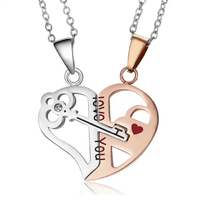 Couple Necklace Broken Heart 2 Pcs Key Locket Love You Pendant Necklace Double Color Friends Family Lovers Jewelry Gift