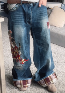 Jeans da Uomo OEM Stile Y2K, Pantaloni in Denim Multi-<span class=keywords><strong>Tasca</strong></span> con Ricami e Stampe, Gamba Larga Vintage Lavata - Product Image 3