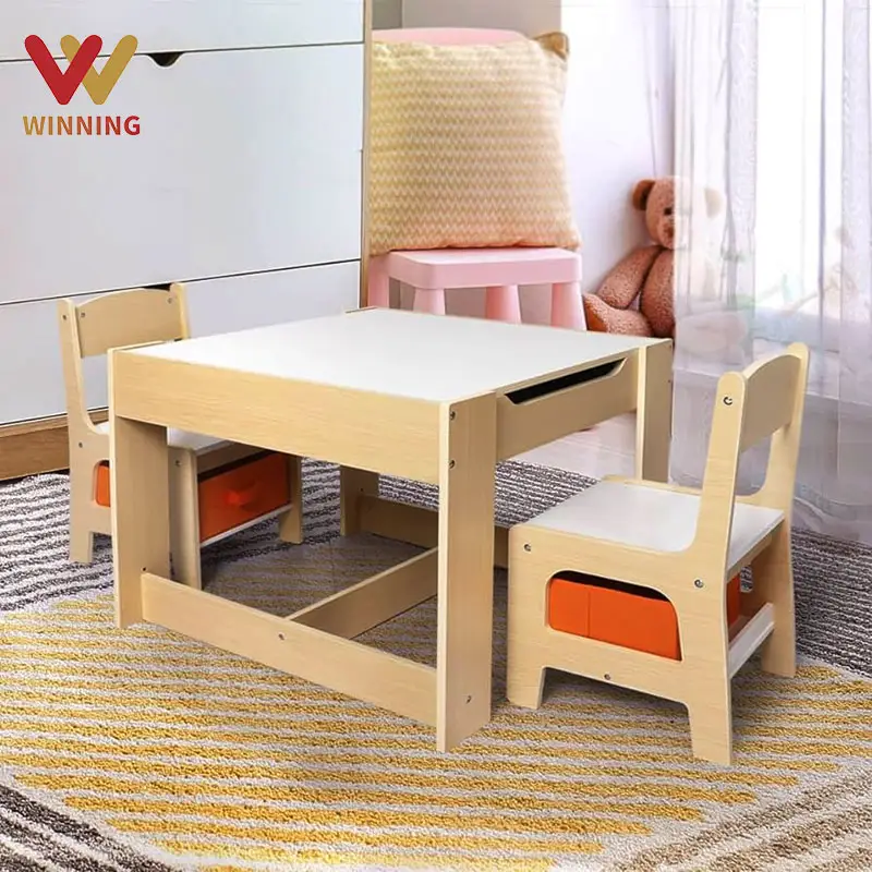 Conjunto de móveis de madeira para crianças Montessori, mesa de atividades e 2 cadeiras com desenho de quadro, mobília para casa infantil, vencedor