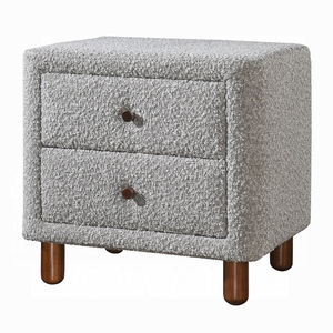Comodino Grigio a Due Cassetti con Rivestimento in Bouclé e Gambe in Legno, Arredamento per Camera da Letto - Product Image 4