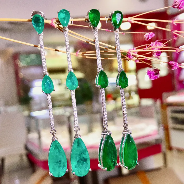 925 Silver Jewelry Emerald Green Dangle Earrings Custom Long Drop Earrings for Women