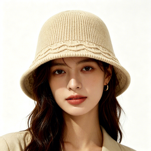 OEM ODM Custom Logo Unisex Beige Striped <b>Leaf</b> Cable Knit Bucket Fisherman Hat Soft Warm Ribbed Knitted All Season - Product Image 1