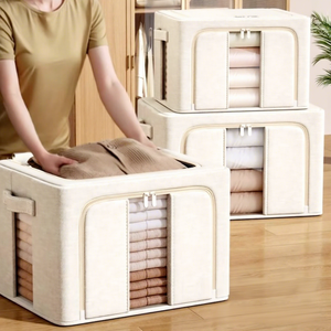 Tianshan Clothing Storage <b>Box</b> Rectangular Lattice Pattern Fabric Organizer Zippered Window Standing Type for Wardrobe - Product Image 1