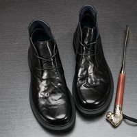 Bottes montantes pour hommes en cuir pleine fleur, à lacets, style décontracté vintage chic, rehaussantes, faciles à enfiler, pour automne-hiver