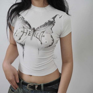 T-shirt à manches courtes pour femme, coupe slim, imprimé papillon, couleur unie, style streetwear branché - Product Image 1