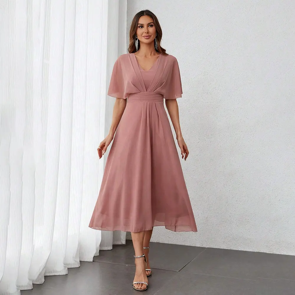 Fabrikmode Damen Sommer Freizeit V-Ausschnitt Chiffon-Kleid locker kurzärmelig XL solide Farbe Taille Schwingend Elasthan schlicht gefärbt