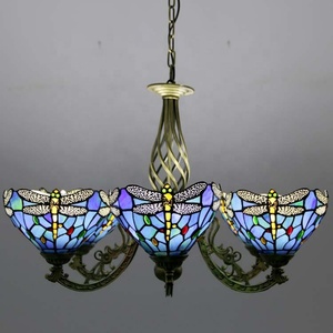 LongHuiJing Tiffany <b>Chandelier</b> <b>Lights</b> Blue Dragonfly Baroque Victorian Style Stained Glass Lamp for Dining Room Home Decor - Product Image 2