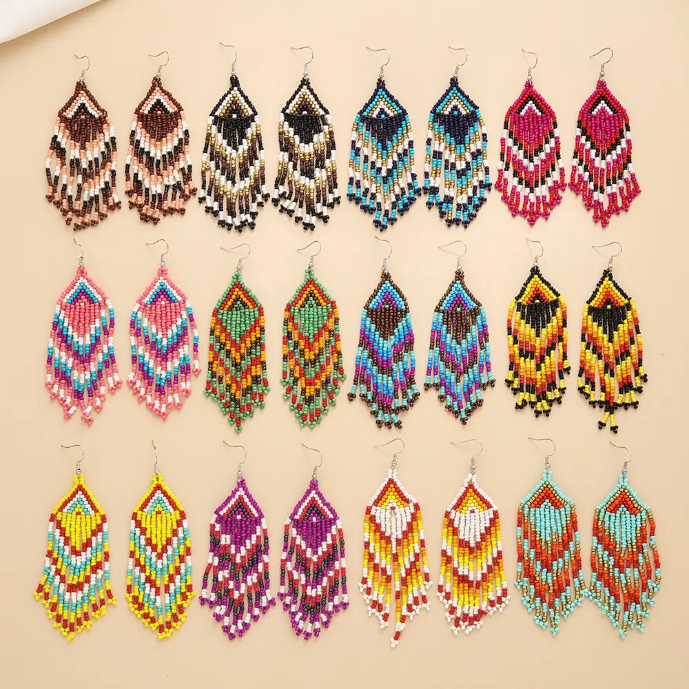 Pendientes bohemios Vintage hechos a mano trenzados con cuentas para mujer, pendientes coloridos con cuentas de arroz, pendientes largos con borlas, pendientes con cuentas para novia