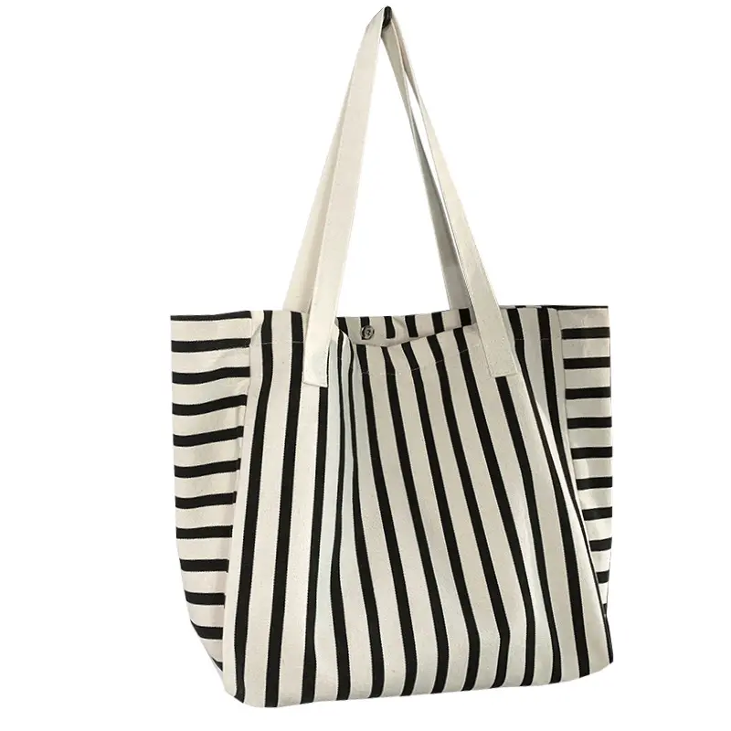 Korean Style Simple Casual Large Capacity Teenager School Bag Women's Shopping Tote Bag Customized Handbag Stripe Canvas Bag